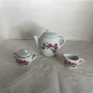 Vtg Porcelain Floral Child Tea Set Replacement Pieces Pot, Creamer, Sugar Bowl